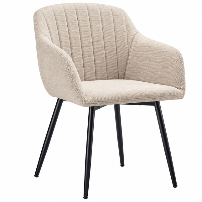 GOEURVANT Crème beige eetkamerstoel met armleuningen, gestoffeerde zitting, verticaal gestikte rugleuning en zwarte metalen poten.