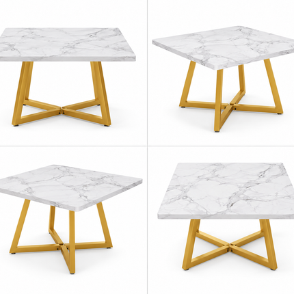 Moderne vierkante eettafel 80x80 cm met wit marmerlook tafelblad en goudkleurig metalen onderstel, vooraanzicht op witte achtergrond.