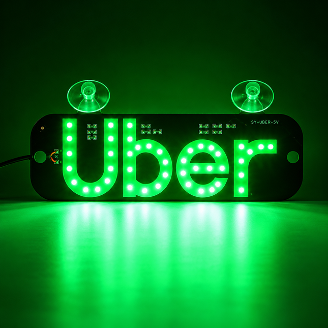Uber LED verlicht identificatiebord voor auto met USB-aansluiting, aan/uit-schakelaar en twee zuignappen voor bevestiging aan de autoruit, inclusief groen verlicht Uber-logo.