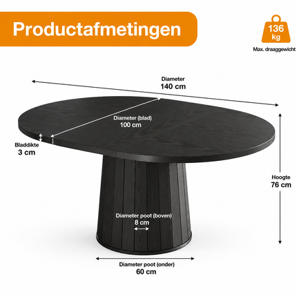 Schwarzer ovaler Esstisch 140 x 100 cm – für 6 Personen – moderner Esstisch im Landhausstil mit zylindrischem Fuß