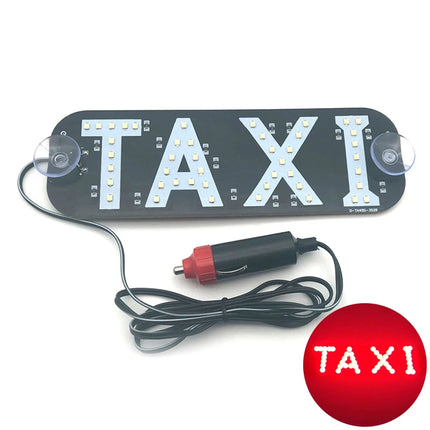 LED taxi bord voor auto met zuignappen en 12V sigarettenaansteker, verlichte TAXI-aanduiding in blauw, wit, groen en rood.