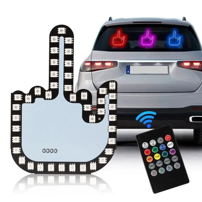 Rode LED handgebaar lamp met middelvinger symbool op de achterruit van een Dodge Durango, opvallend autogebarenlicht met afstandsbediening.