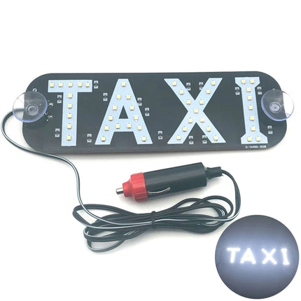 LED taxi bord voor auto met zuignappen en 12V sigarettenaansteker, verlichte TAXI-aanduiding in blauw, wit, groen en rood.