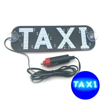 LED taxi bord voor auto met zuignappen en 12V sigarettenaansteker, verlichte TAXI-aanduiding in blauw, wit, groen en rood.
