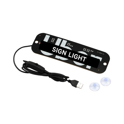 Uber LED verlicht identificatiebord voor auto met USB-aansluiting, aan/uit-schakelaar en twee zuignappen voor bevestiging aan de autoruit, inclusief groen verlicht Uber-logo.