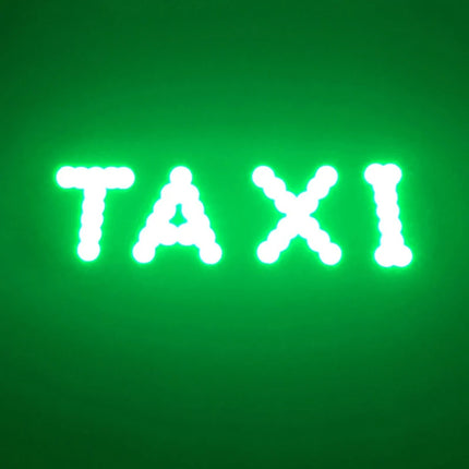 LED taxi bord voor auto met zuignappen en 12V sigarettenaansteker, verlichte TAXI-aanduiding in blauw, wit, groen en rood.