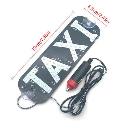 LED taxi bord voor auto met zuignappen en 12V sigarettenaansteker, verlichte TAXI-aanduiding in blauw, wit, groen en rood.