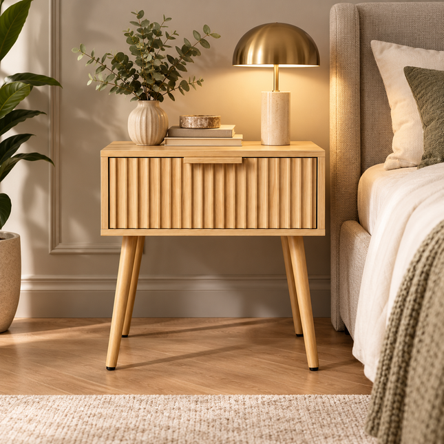 Modern Nachtkastje Houtlook – Scandinavisch Design – Geribbeld Front – Met Lade – Naturel – Houten Poten