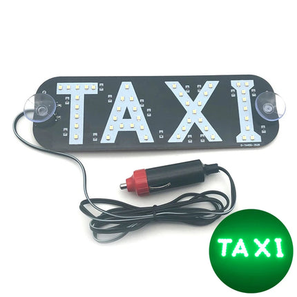 LED taxi bord voor auto met zuignappen en 12V sigarettenaansteker, verlichte TAXI-aanduiding in blauw, wit, groen en rood.