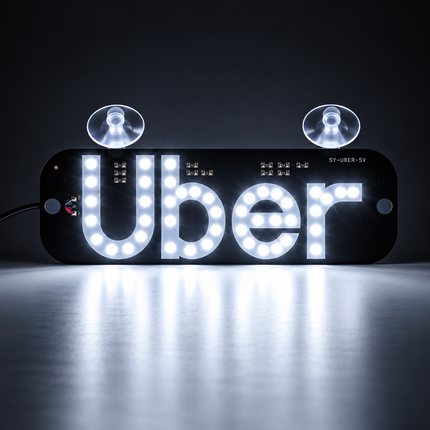 Uber LED verlicht identificatiebord voor auto met USB-aansluiting, aan/uit-schakelaar en twee zuignappen voor bevestiging aan de autoruit, inclusief groen verlicht Uber-logo.