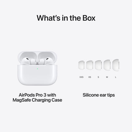 Apple AirPods Pro 3 witte draadloze in-ear oordopjes met siliconen oortips en geopende oplaadcase op witte achtergrond.