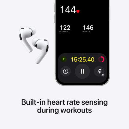 Apple AirPods Pro 3 witte draadloze in-ear oordopjes met siliconen oortips en geopende oplaadcase op witte achtergrond.