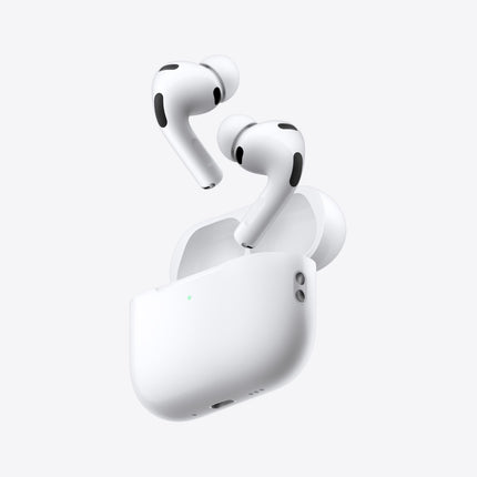 Apple AirPods Pro 3 witte draadloze in-ear oordopjes met siliconen oortips en geopende oplaadcase op witte achtergrond.