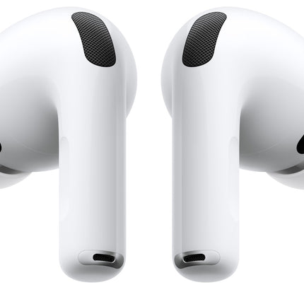 Apple AirPods Pro 3 witte draadloze in-ear oordopjes met siliconen oortips en geopende oplaadcase op witte achtergrond.