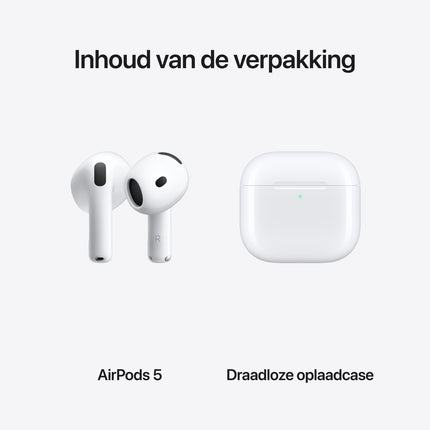 Apple AirPods 5 witte draadloze Bluetooth oordopjes met geopende draadloze oplaadcase, vooraanzicht op witte achtergrond.