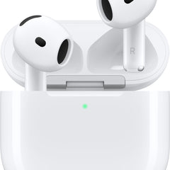 Apple AirPods 5 witte draadloze Bluetooth oordopjes met geopende draadloze oplaadcase, vooraanzicht op witte achtergrond.
