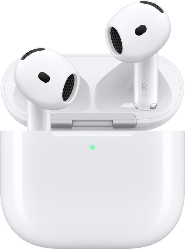 Apple AirPods 5 witte draadloze Bluetooth oordopjes met geopende draadloze oplaadcase, vooraanzicht op witte achtergrond.