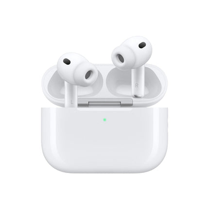 Apple AirPods Pro 3 witte draadloze in-ear oordopjes met siliconen oortips en geopende oplaadcase op witte achtergrond.