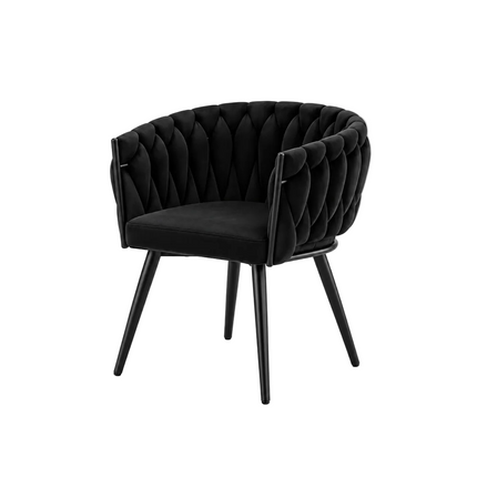 Set van 2 zwarte fluwelen eetkamerstoelen met gevlochten rugleuning, armleuningen en zwarte metalen poten.
