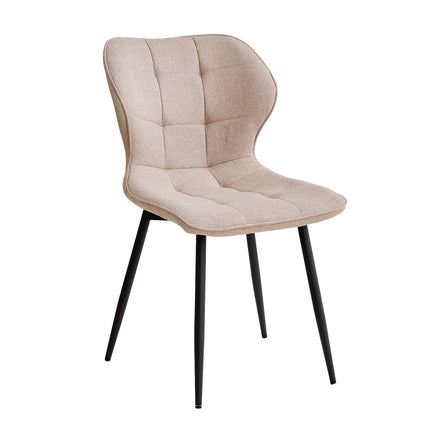 Khaki eetkamerstoel met linnen bekleding, gestoffeerde zitting, ergonomisch gevormde rugleuning en vier zwarte metalen poten, onderdeel van een set van 4.