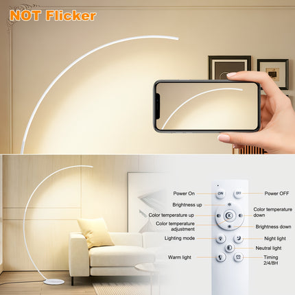 Zwarte moderne LED booglamp van 165 cm met slank gebogen metalen frame, ronde voet en geïntegreerde verlichting, dimbare staande vloerlamp voor woonkamer en slaapkamer.
