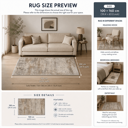 1 stuks Velvet 850G/㎡ 2D Plat Groot Formaat Tapijt, Retro Distressed Abstract Kunst Patroon Tapijt, Bruin Grijs Beige Kleur, Machinewasbaar, Anti-Slip Achterkant, Zacht En Comfortabel, Lichtgewicht En Duurzaam