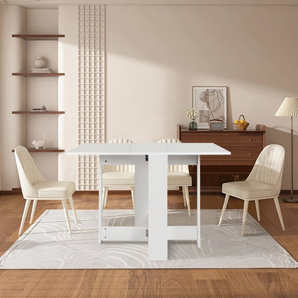 Witte ruimtebesparende eettafel van MDF met klassiek onderstel, afmetingen 102,5 x 76 x 73 cm, geschikt als compacte keukentafel.
