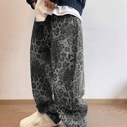 Trendy Amerikaanse Street Cool Luipaardprint Heren Jeans All-Season Nieuwe Vintage Losse Drape Versatile Wide-Leg Broek