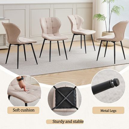 Set van 4 Eetkamerstoelen – Gestoffeerde Keukenstoelen met Linnen Bekleding, Ergonomische Rugleuning en Zwarte Metalen Poten – Lichtbeige, Khaki, Donkergrijs - Zithoogte	49,5 cm