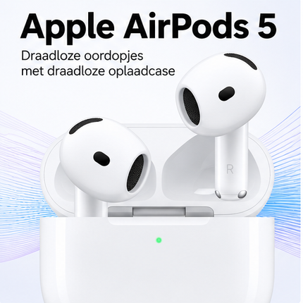 Apple AirPods 5 witte draadloze Bluetooth oordopjes met geopende draadloze oplaadcase, vooraanzicht op witte achtergrond.