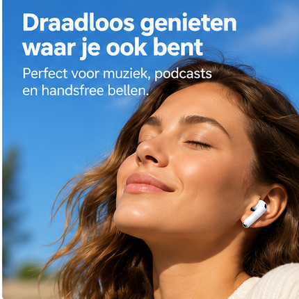 Apple AirPods 5 witte draadloze Bluetooth oordopjes met geopende draadloze oplaadcase, vooraanzicht op witte achtergrond.