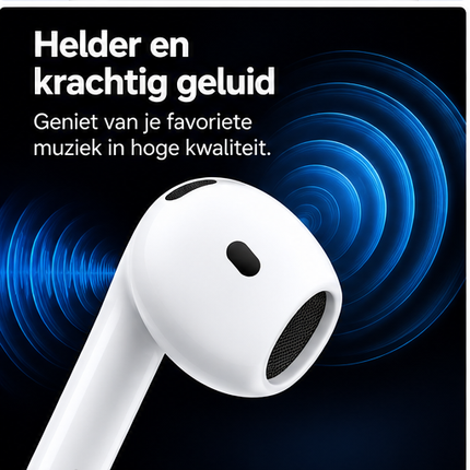 Apple AirPods 5 witte draadloze Bluetooth oordopjes met geopende draadloze oplaadcase, vooraanzicht op witte achtergrond.