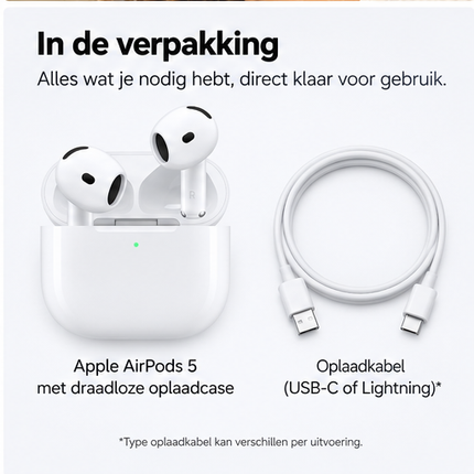 Apple AirPods 5 witte draadloze Bluetooth oordopjes met geopende draadloze oplaadcase, vooraanzicht op witte achtergrond.