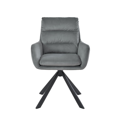 Zes draaibare eetkamerstoelen met armleuningen, gestoffeerde zitting, hoge rugleuning en zwarte metalen poten in licht taupe, donkerbruin, crèmewit, antracietgrijs, zandbeige en cognac.