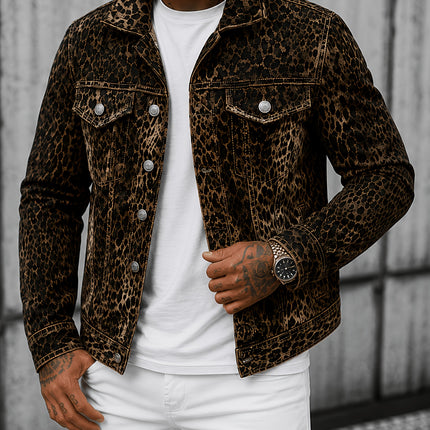 Ultra-coole spijkerjas, Amerikaanse High -stijl, heren lente/herfst gewassen luipaardprint trendy hiphop losvallende heren bovenkleding, winterjas heren