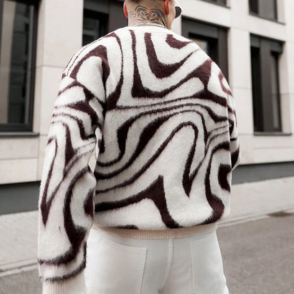 JANE DRESSINGLOG Herentrui met Abstracte Wervelprint - Gebreide Trui met Ruime Pasvorm Geschikt voor Herfst/Winter, Casual Pullover met Ronde Hals, Losgebreide Trui, Nachtclub- & Date-outfits, Herfst/Winter Gebreide Trui voor Heren