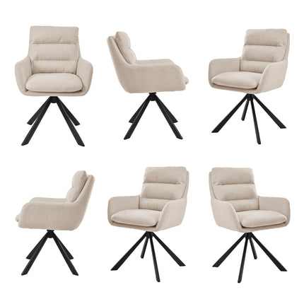 Zes draaibare eetkamerstoelen met armleuningen, gestoffeerde zitting, hoge rugleuning en zwarte metalen poten in licht taupe, donkerbruin, crèmewit, antracietgrijs, zandbeige en cognac.