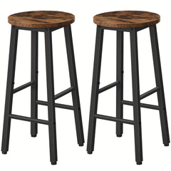Set van 2 industriële barkrukken 70 cm hoog met ronde retrobruine houtlook zitting, zwart metalen frame en geïntegreerde voetensteun