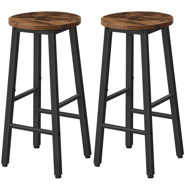 Set van 2 industriële barkrukken 70 cm hoog met ronde retrobruine houtlook zitting, zwart metalen frame en geïntegreerde voetensteun