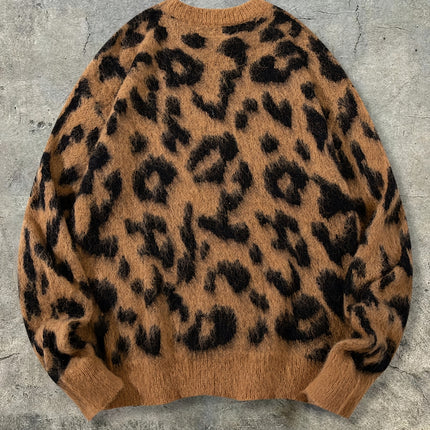 ANDREILEE Luipaardprint Lange Pluche Herentrui, Modieuze Streetstyle Trend, Veelzijdig voor Dagelijks Woon-werkverkeer, Pullover met Ronde Hals, Lange Mouwen, Losvallende Pasvorm, Herfst/Winter Gebreide Trui voor Heren