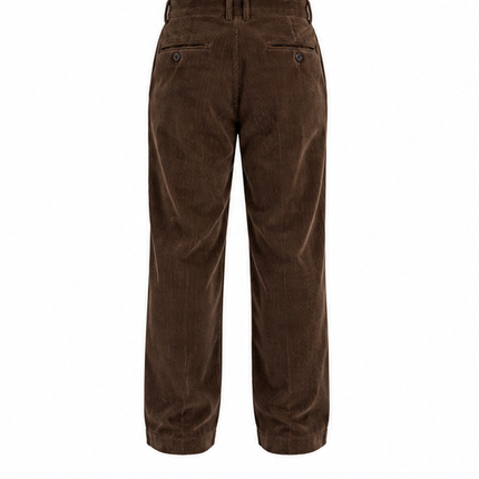 RKON heren corduroy broek marineblauw – voorkant, relaxed fit ribbroek met plooien en rechte pijpen op witte achtergrond.
