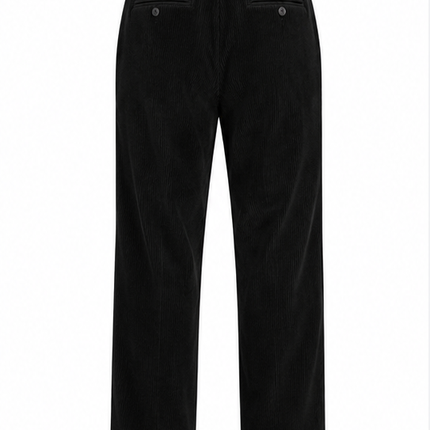 RKON heren corduroy broek marineblauw – voorkant, relaxed fit ribbroek met plooien en rechte pijpen op witte achtergrond.