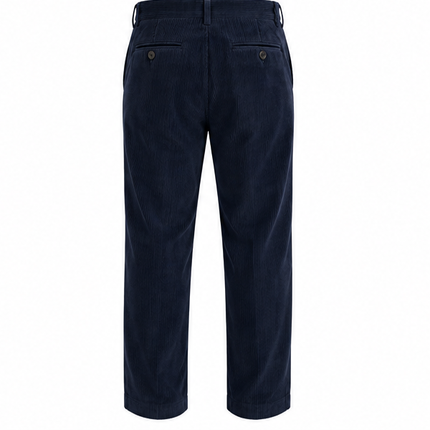 RKON heren corduroy broek marineblauw – voorkant, relaxed fit ribbroek met plooien en rechte pijpen op witte achtergrond.