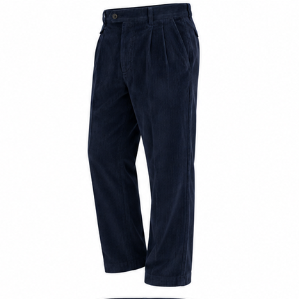 RKON heren corduroy broek marineblauw – voorkant, relaxed fit ribbroek met plooien en rechte pijpen op witte achtergrond.