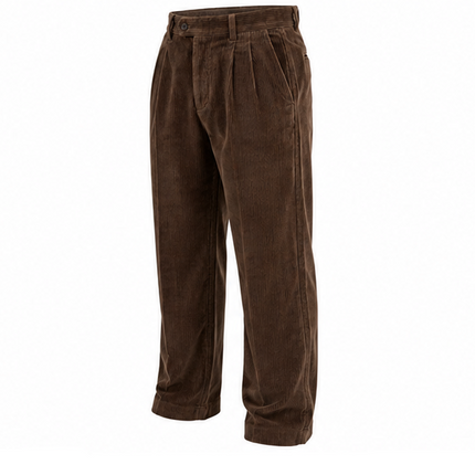 RKON heren corduroy broek marineblauw – voorkant, relaxed fit ribbroek met plooien en rechte pijpen op witte achtergrond.