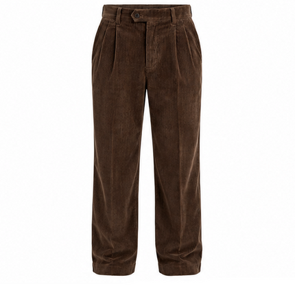 RKON heren corduroy broek marineblauw – voorkant, relaxed fit ribbroek met plooien en rechte pijpen op witte achtergrond.