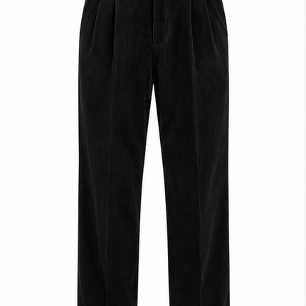 RKON heren corduroy broek marineblauw – voorkant, relaxed fit ribbroek met plooien en rechte pijpen op witte achtergrond.