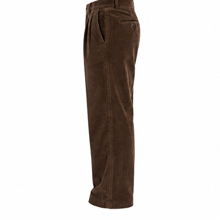 RKON heren corduroy broek marineblauw – voorkant, relaxed fit ribbroek met plooien en rechte pijpen op witte achtergrond.