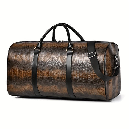 Vintage donkerbruine reistas van PU-kunstleer met krokodillenstructuur, zwarte handvatten en verstelbare schouderriem, 54 × 24 × 28 cm.