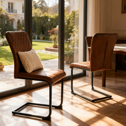 Industriële Eetkamerstoelen Bruin Kunstleer met Fluweellook – Set van 1, 2, 4 of 6 – Diamantstiksel – Hoge Rugleuning – Zwart Metalen Sledeframe